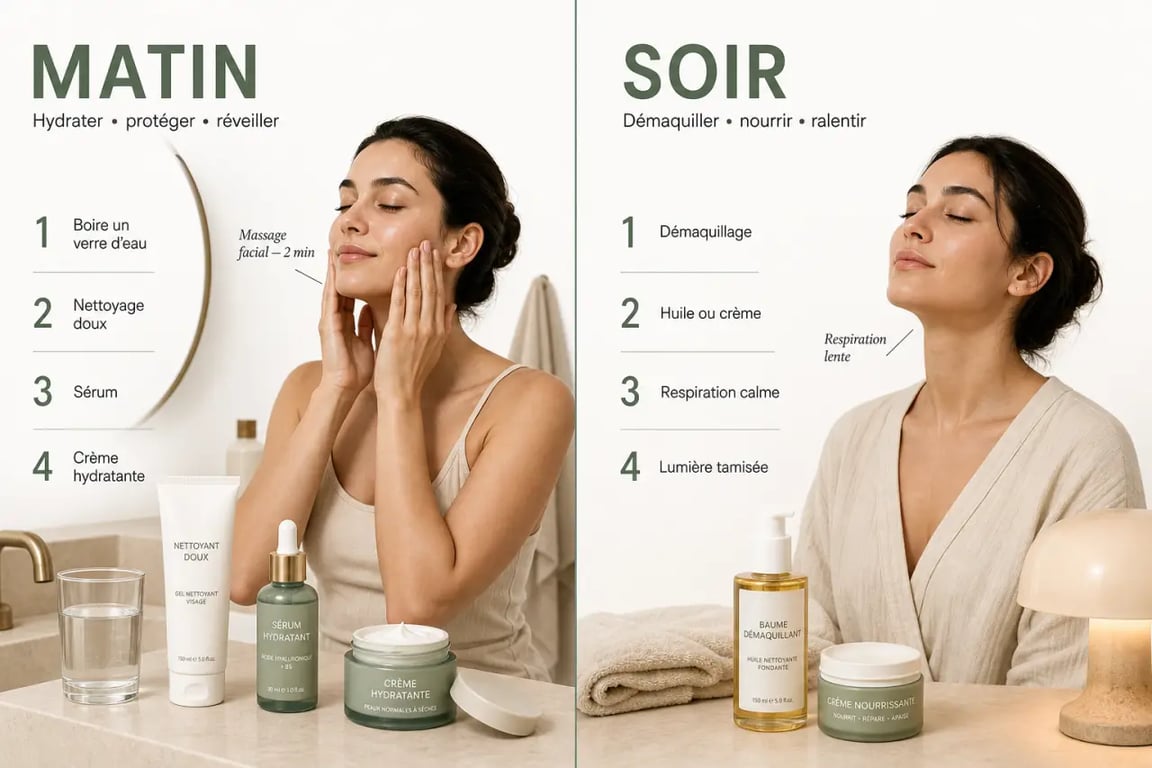 Comment intégrer le bien-être holistique dans sa routine beauté : rituel matin et soir avec hydratation, massage facial, respiration et soins doux