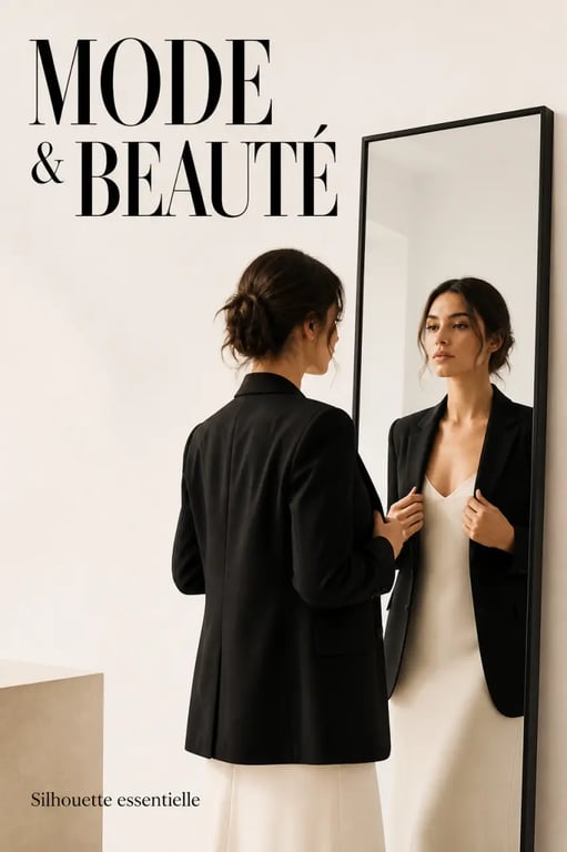 Mode & Beauté : look éditorial avec blazer, robe simple, coiffure souple et maquillage lumineux