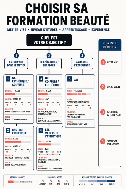 Comment choisir sa formation professionnelle dans les métiers de la beauté : schéma comparatif des parcours CAP, Bac pro, BP, BTS et VAE