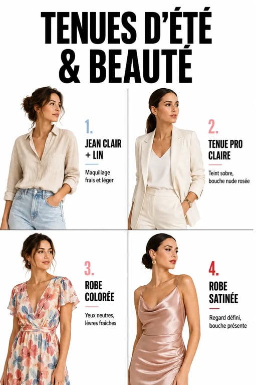 Comment accorder ses soins beauté avec ses tenues estivales : quatre associations de looks été et maquillage dans un montage éditorial