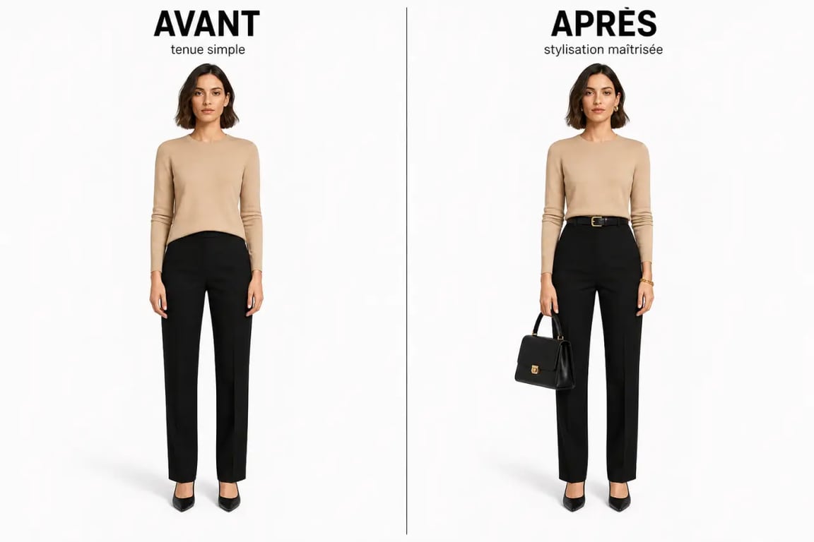 Comment choisir ses accessoires de mode pour sublimer son style : tenue simple avant et après ajout d’un sac structuré, d’une ceinture et de bijoux discrets