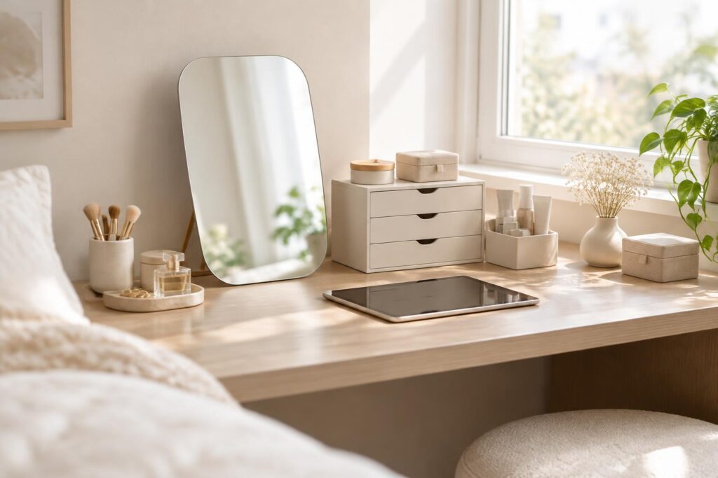 Coin beauté minimaliste : tablette, miroir et rangements