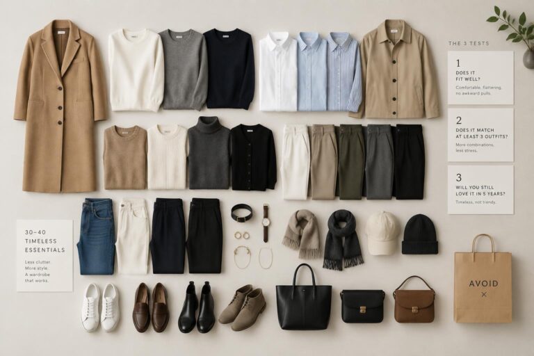 Garde-robe capsule intemporelle : 30 à 40 pièces, 3 tests concrets et les achats à éviter